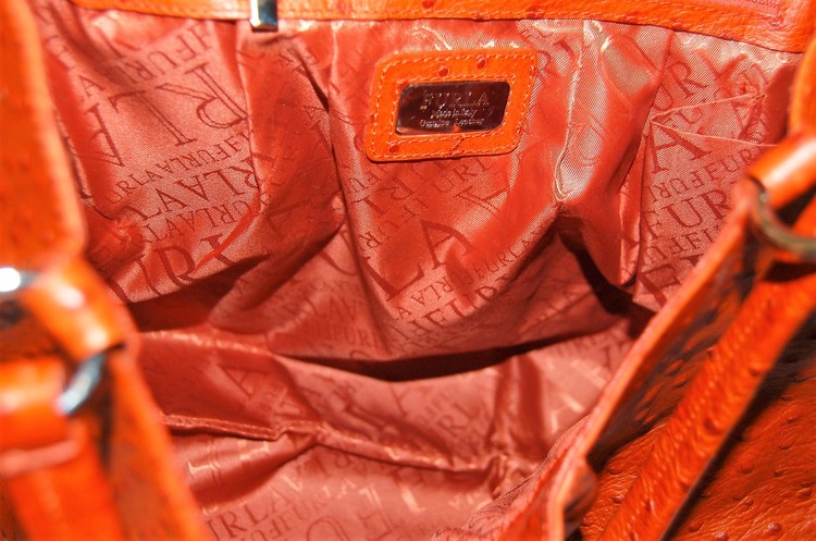 Furla Shoulder Purse Handbag Dark Brown Ostrich Embossed Leather Made in  Italy