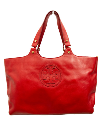 Tory Burch Plaque Tote Large Red Leather Bag $495 Purse Metal Logo